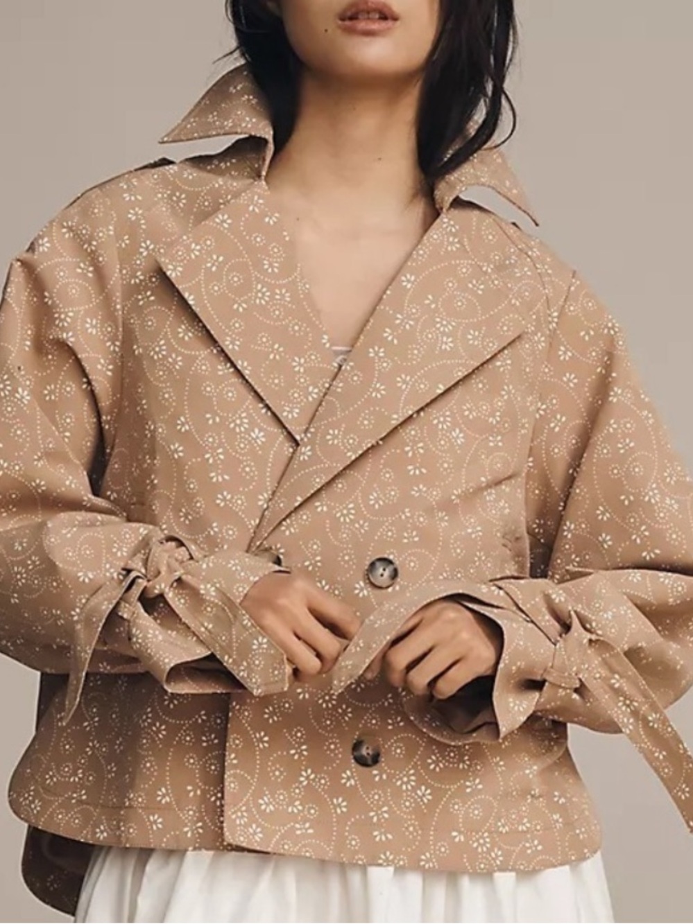 Anthropologie Tan Floral-Print Double-Breasted Cropped Trench Jacket